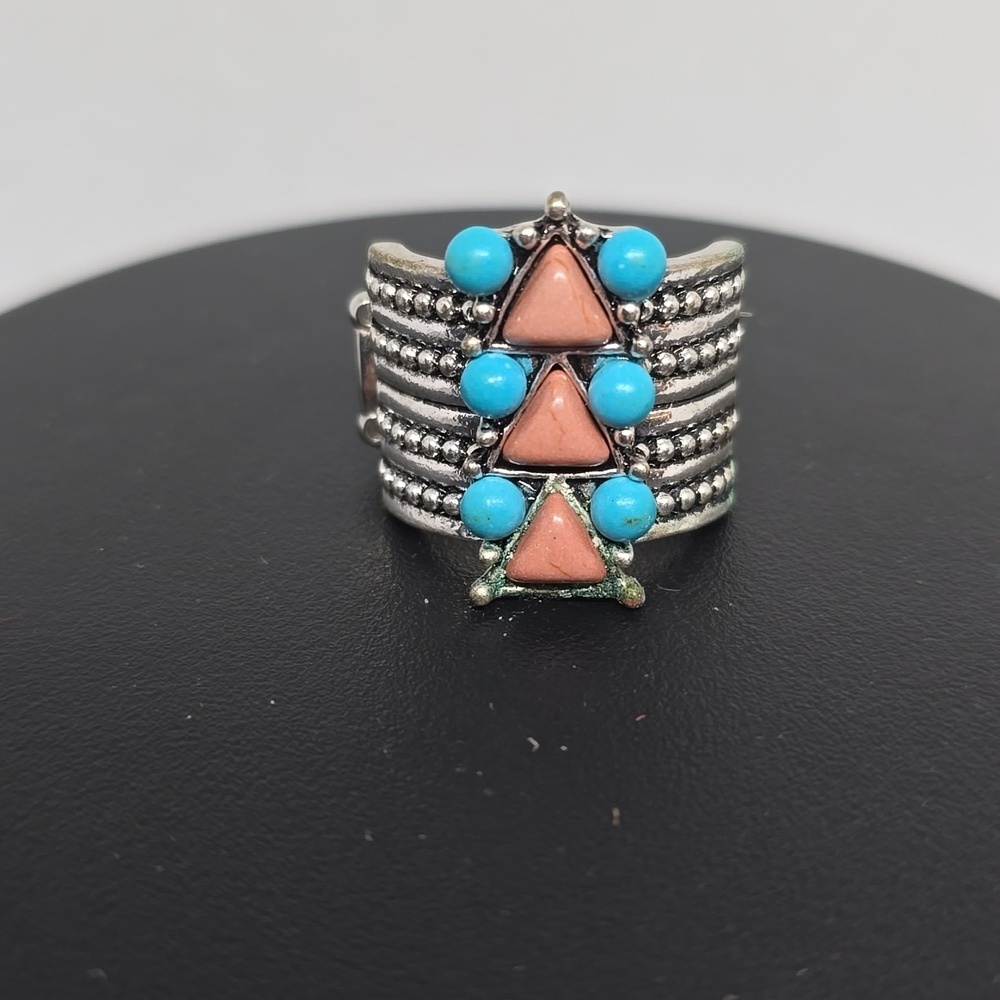 Aztec blue orange silver adjustable ring